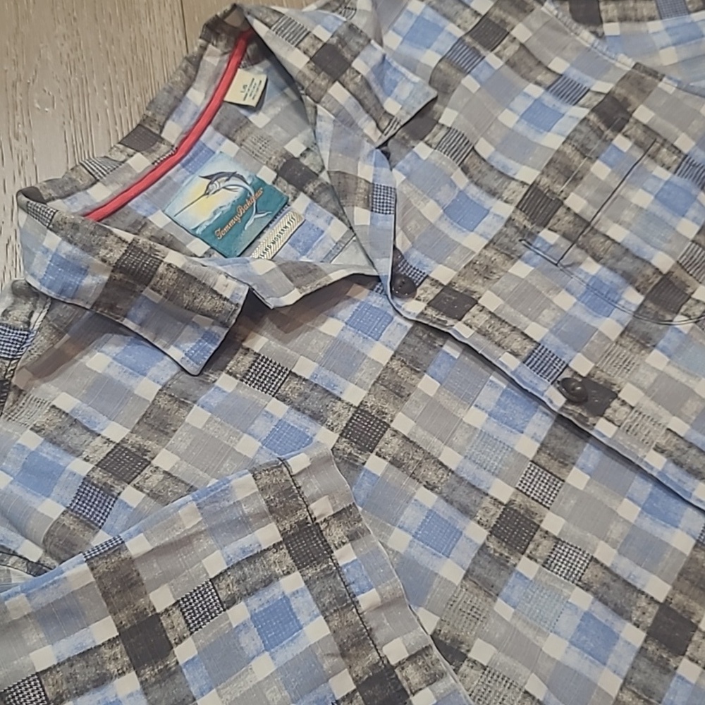 Tommy Bahama Shirt Men's sz L Blue/Grey Plaid Island Modern Fit Button Up Shirt
